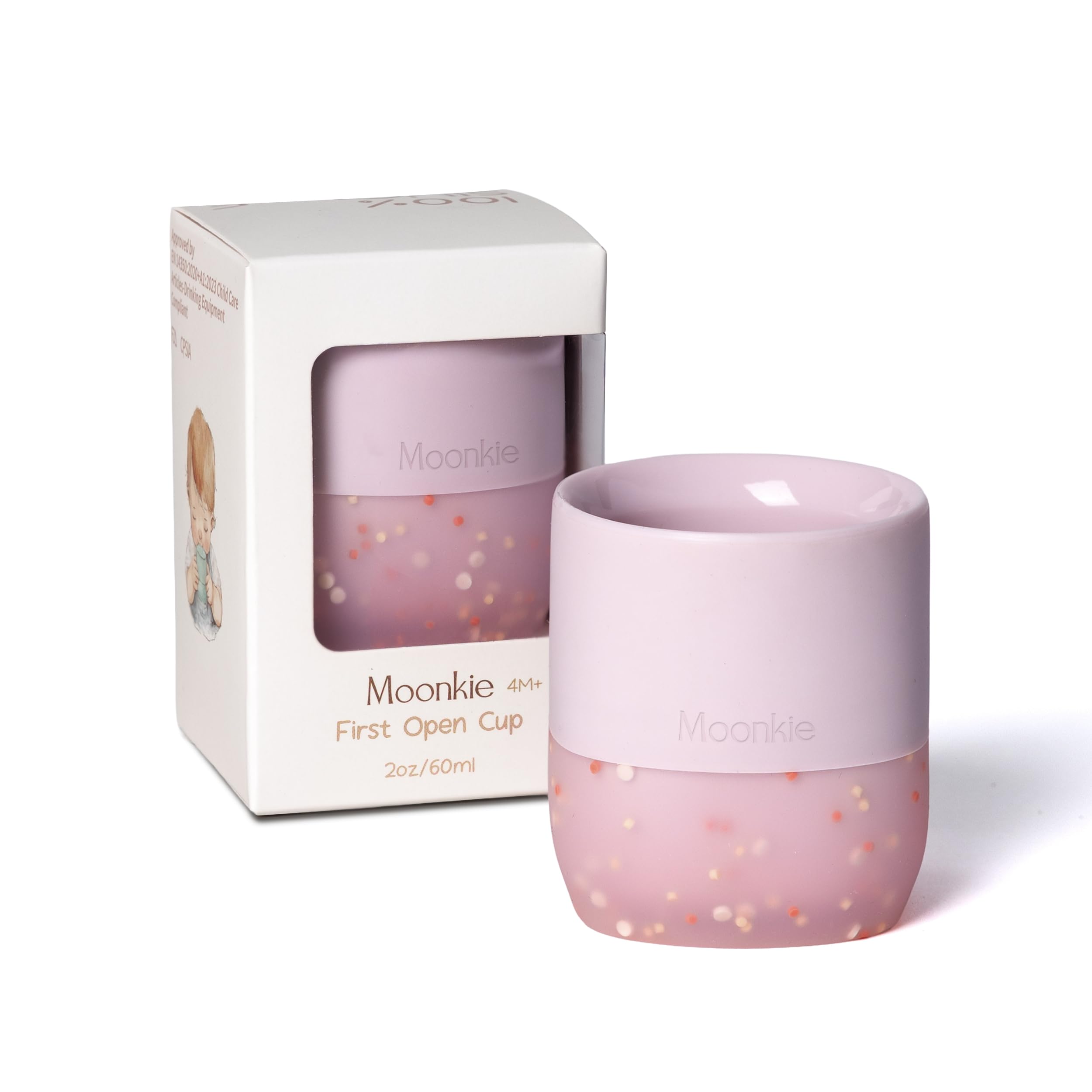 Moonkie silicone baby cup in soft lilac with 2oz closeup showing safe, gentle material