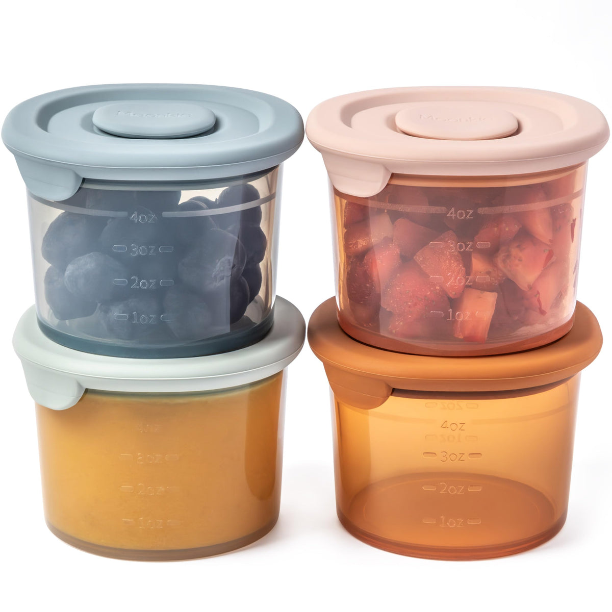 Moonkie 4oz silicone baby food containers for precise portions on the go.