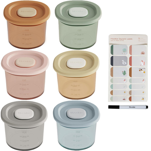 Moonkie silicone baby food containers with airtight lids keep portions fresh for travel.