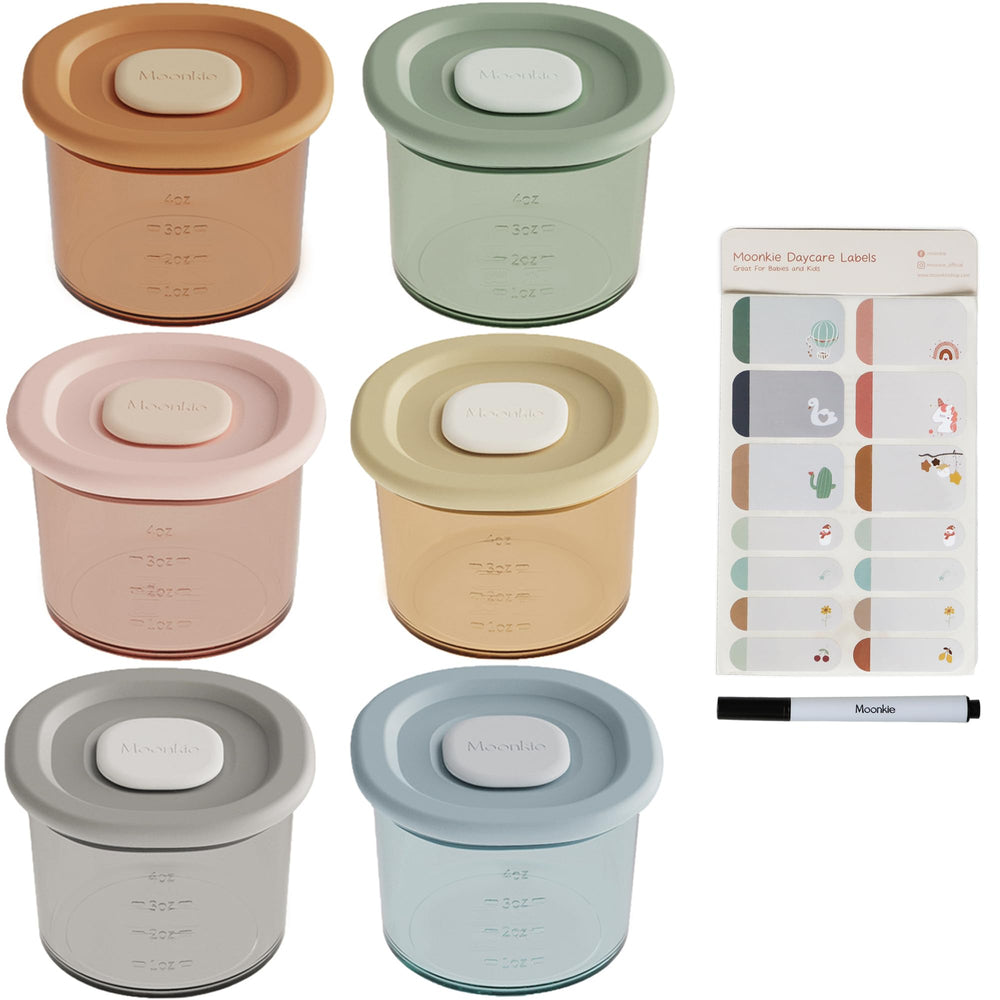 Moonkie silicone baby food containers with airtight lids keep portions fresh for travel.