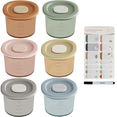 Moonkie silicone baby food containers with airtight lids keep portions fresh for travel.