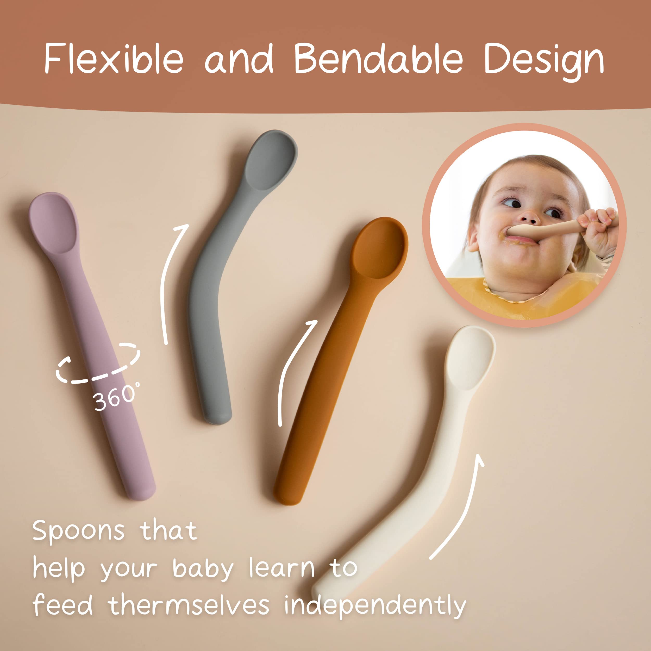 Moonkie ergonomic grip helps baby hold spoons during self-feeding practice.