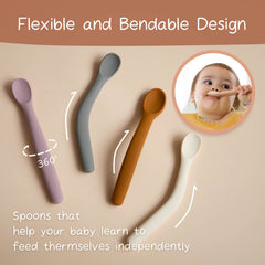 Moonkie ergonomic grip helps baby hold spoons during self-feeding practice.