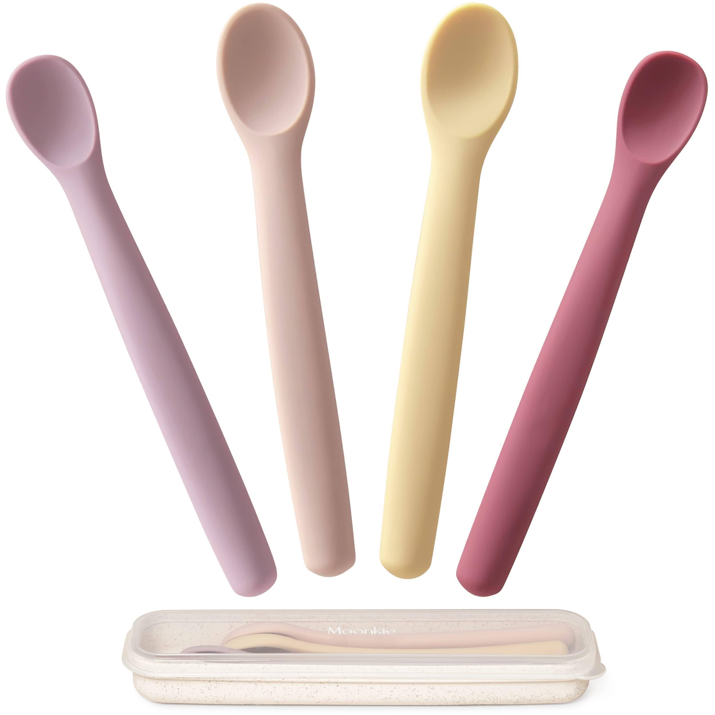 Moonkie silicone baby spoons with case promote easy self-feeding during meals.