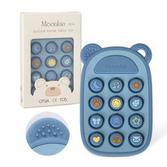 Moonkie silicone press phone teether front view, soft relief for teething