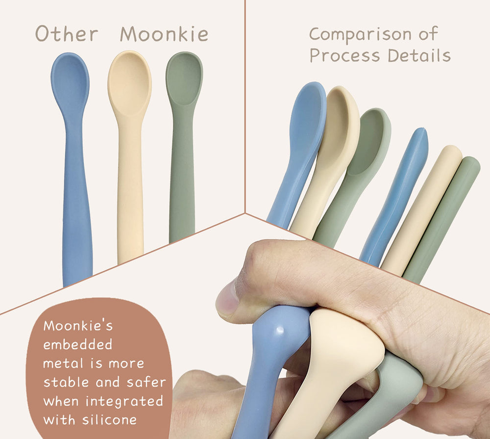 Moonkie spoon with smooth edges protects tender gums.