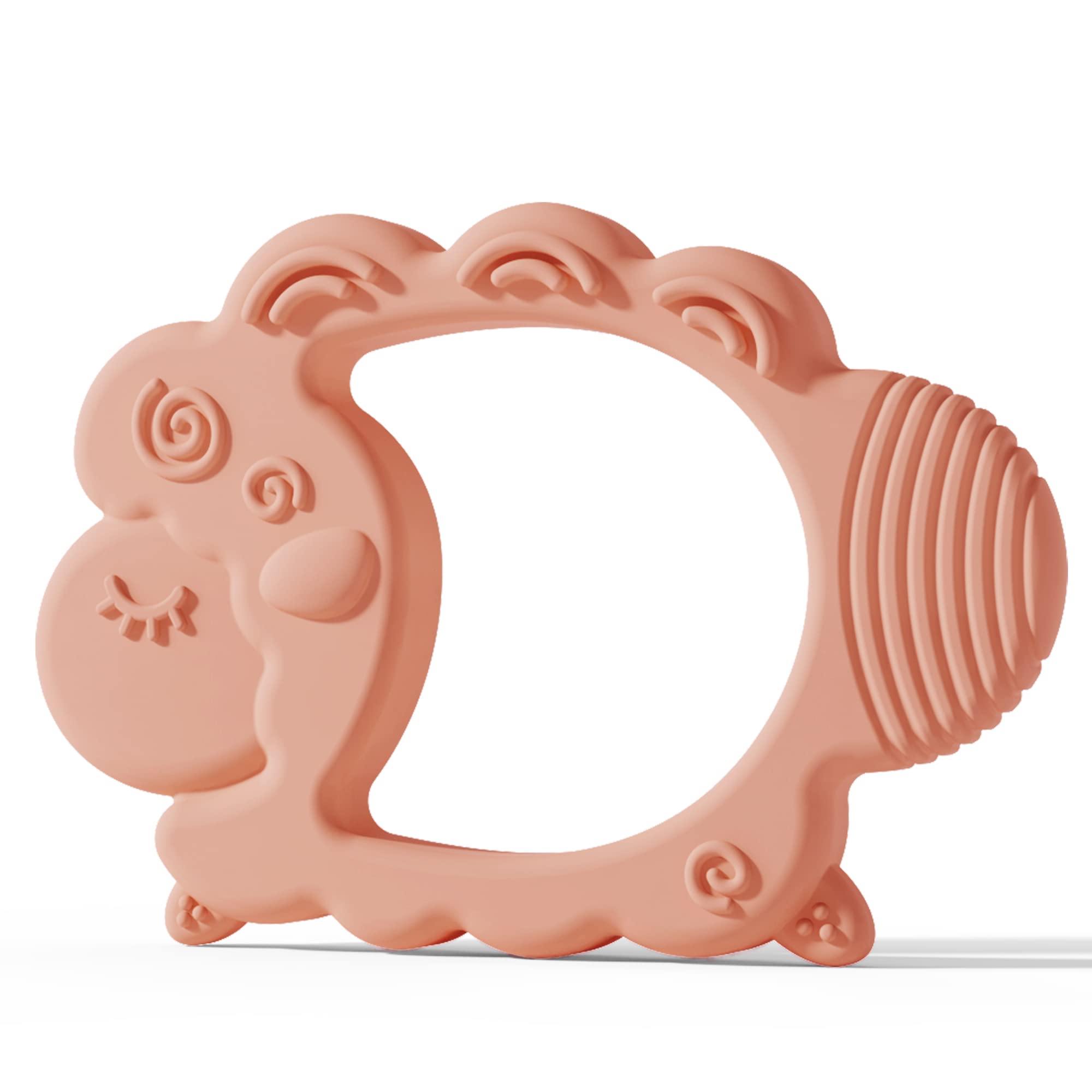 Moonkie teething toy Lamb front view highlights easy-grip design for tiny hands.