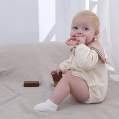 Moonkie Lamb teether offers soft, chewy, flexible material for teething comfort.