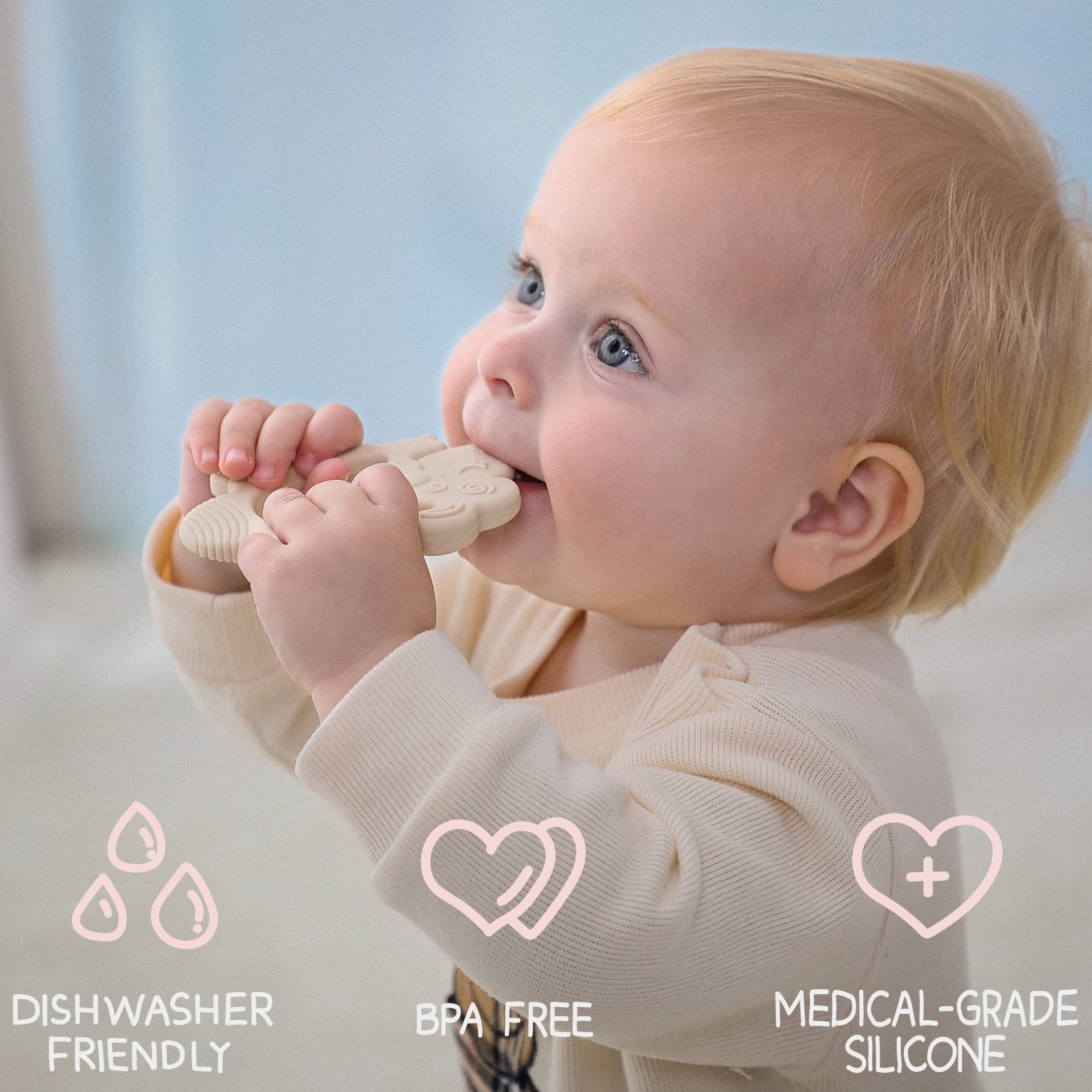 Moonkie Lamb teether textured surface provides gentle gum massage.