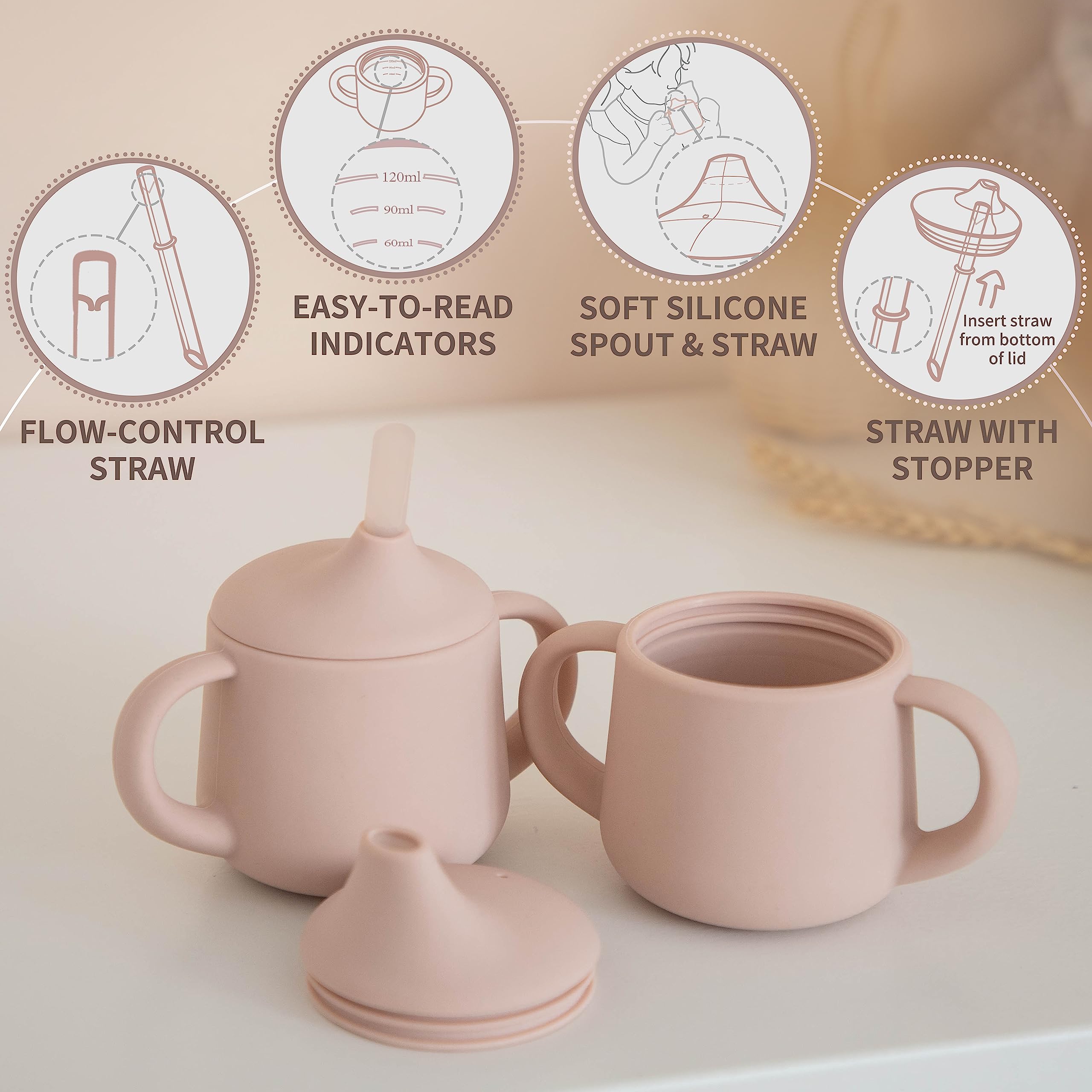 Moonkie three-in-one design highlights sippy, straw and open cup.