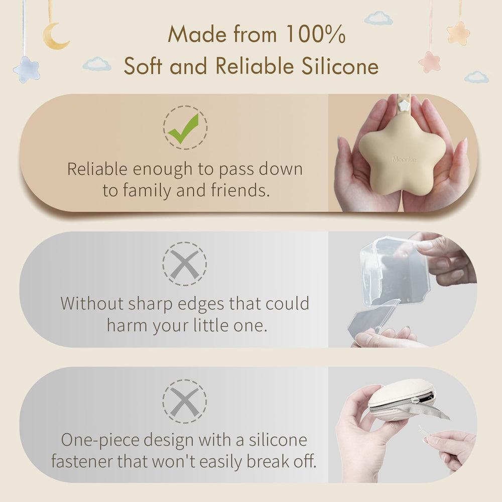 Moonkie two-pacifier storage demonstrates practical space-saving for travel and day outings.