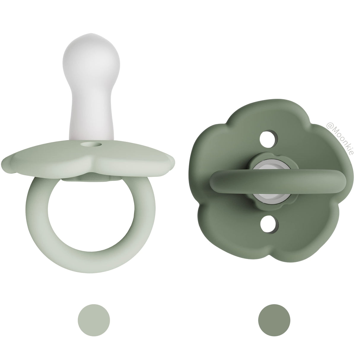 Moonkie two-pack pacifiers for easy daily replacement and hygiene.