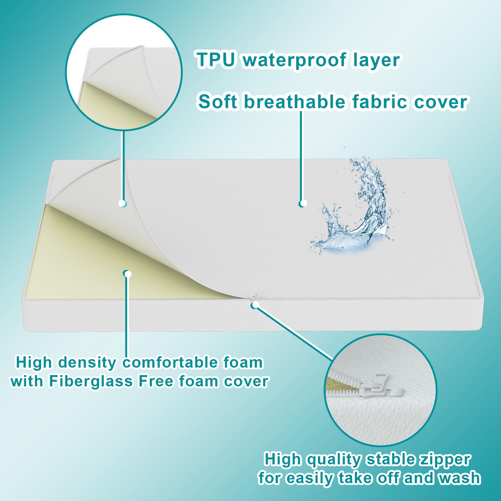 Moonlightfamily toddler mattress water-resistant cover protects foam from spills.