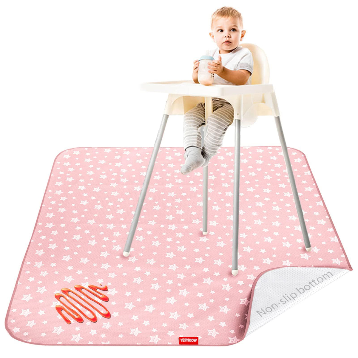 Moonsea baby splat mat with pink star top protects floors during meals.