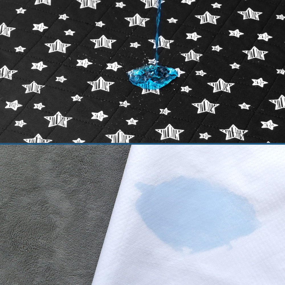 Moonsea bed pad cross-section shows absorbent layers and waterproof backing.