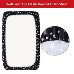 Moonsea Black Star crib sheet top view highlights silky microfiber and soft touch