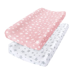 Moonsea changing pad cover 2-pack in pink pattern on pad offers cozy protection.