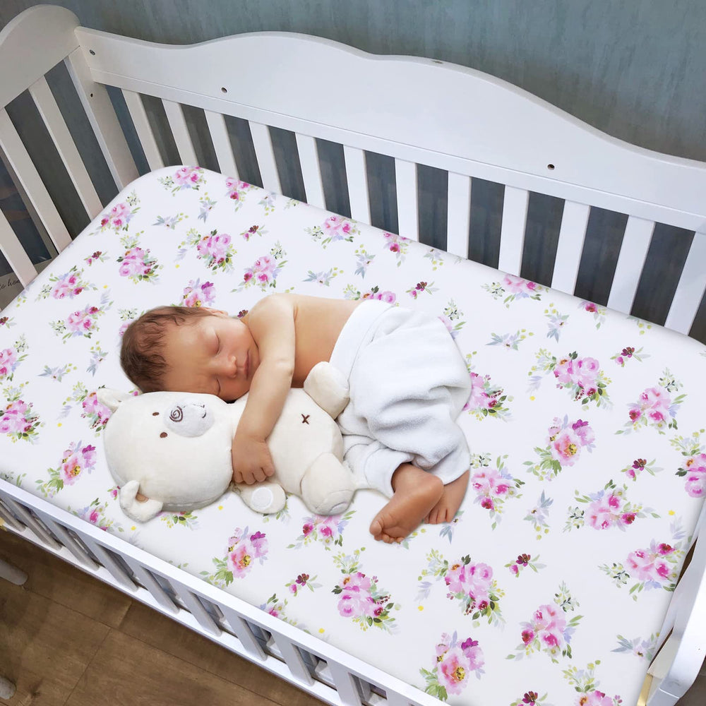 Moonsea crib sheets floral pattern adds vibrant color to the nursery for cozy bedtime.