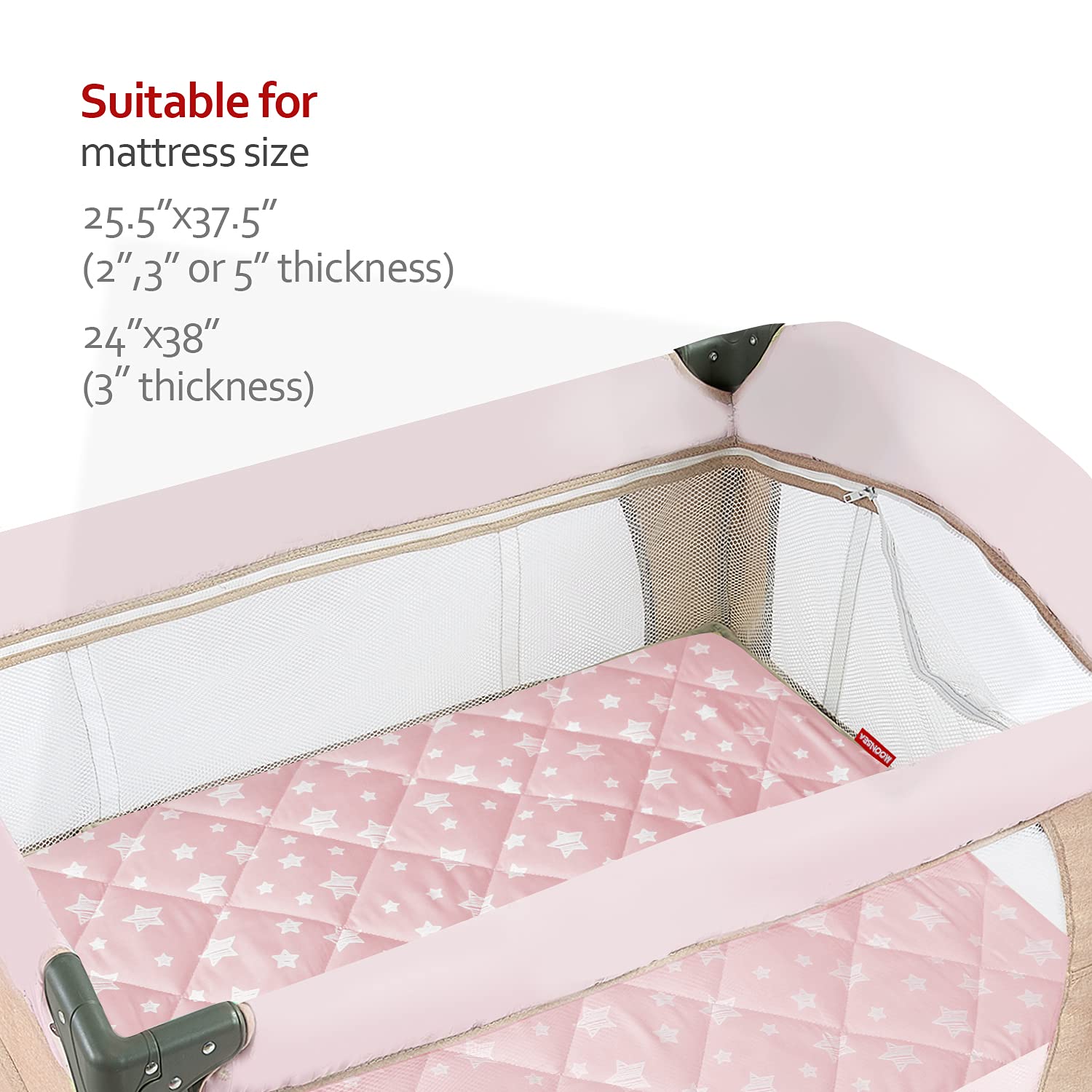 Moonsea deep-pocket fitted sheet secures the pad during active play.