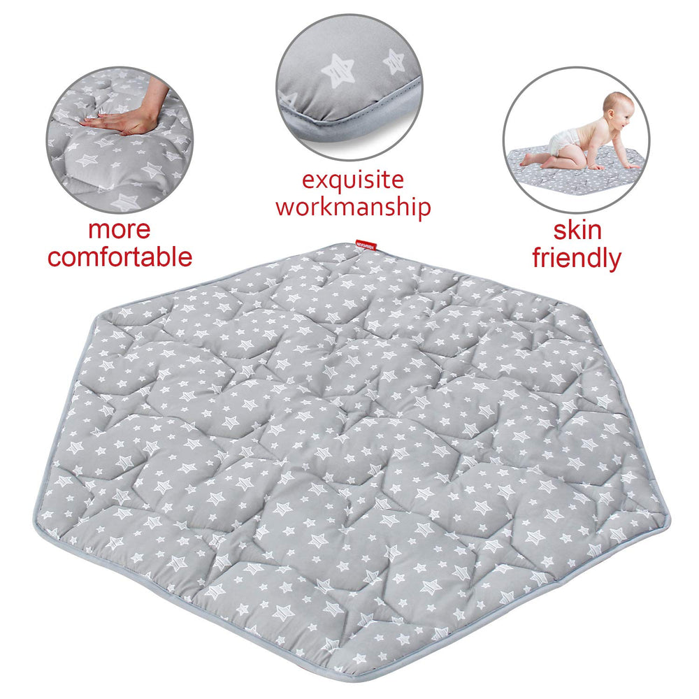 Moonsea hexagon playpen mat non-slip back keeps mat steady during play.