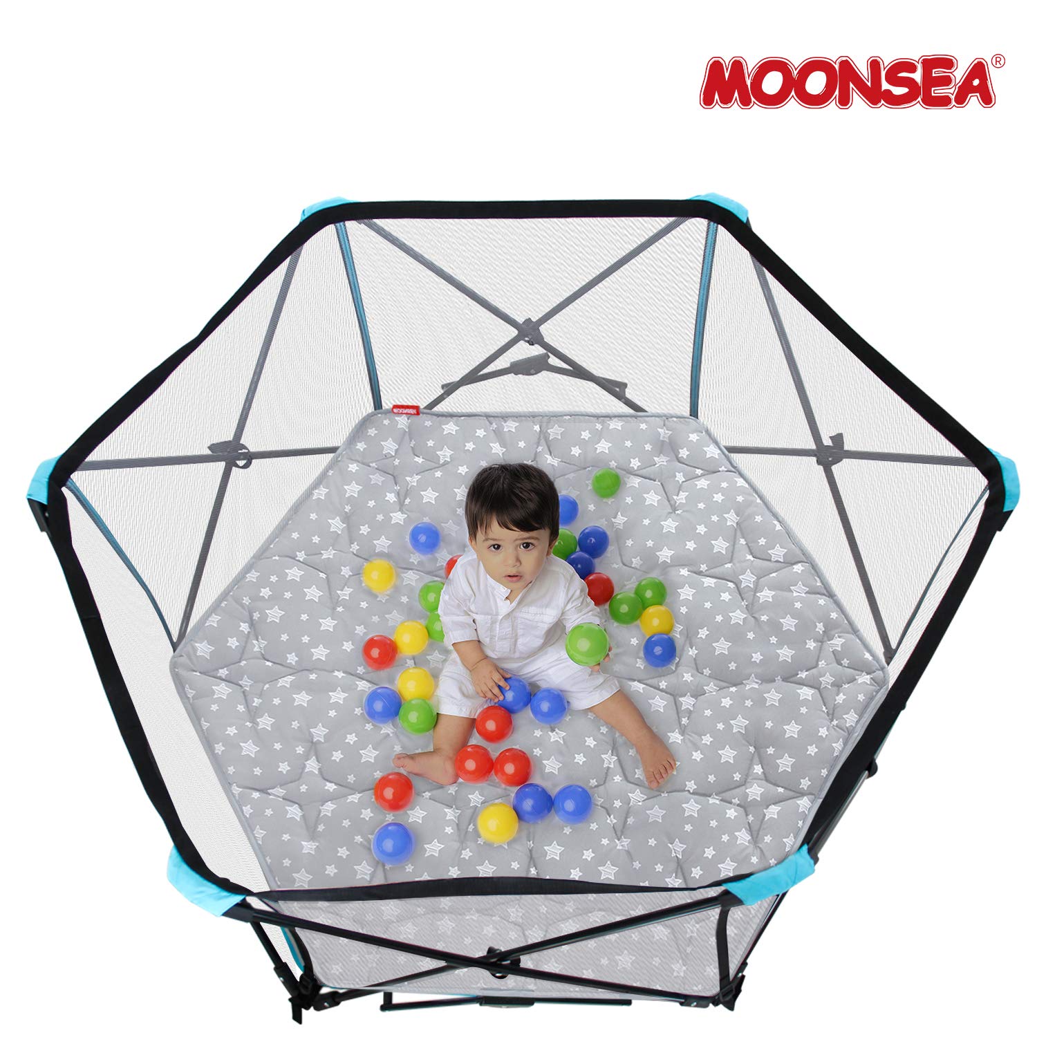 Moonsea hexagon playpen mat in living room setup for safe, supervised play.