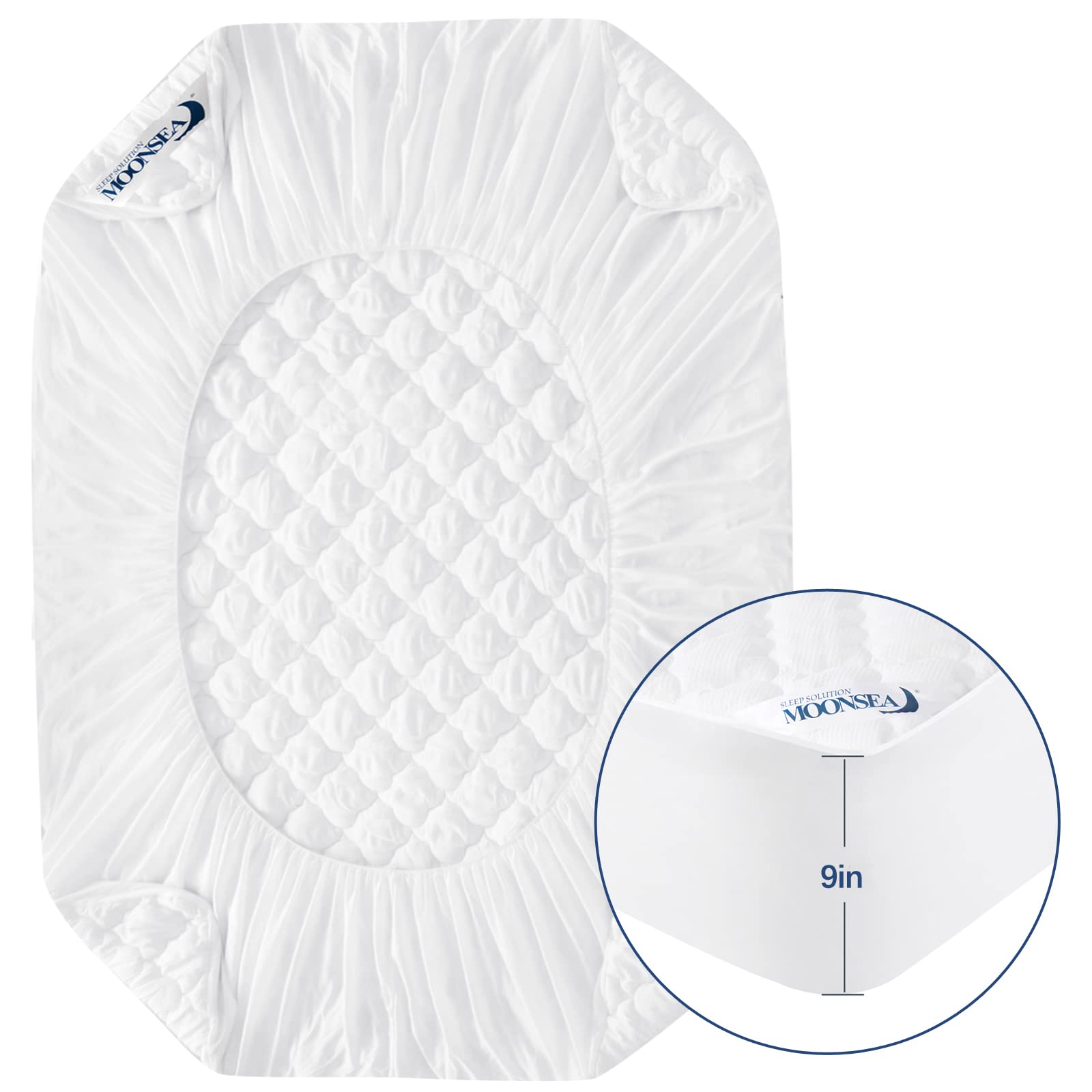 Moonsea protector in use with a travel bed and trusted Moonsea support guarantee.