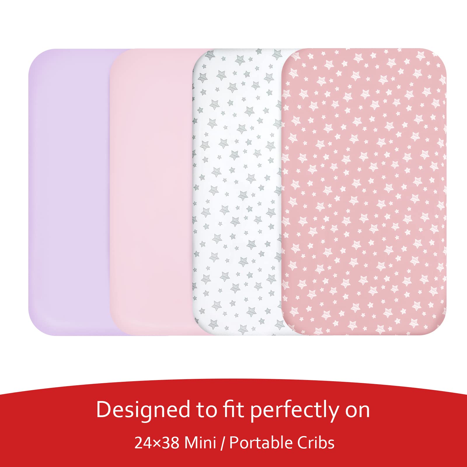 Moonsea sheets with elastic edge keep the 38x24 inch crib snug.