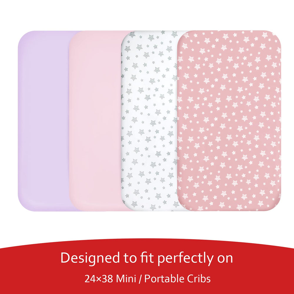 Moonsea sheets with elastic edge keep the 38x24 inch crib snug.