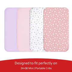 Moonsea sheets with elastic edge keep the 38x24 inch crib snug.