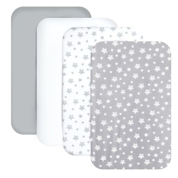 Moonsea mini crib sheets four-pack grey with elastic edge for a secure fit.