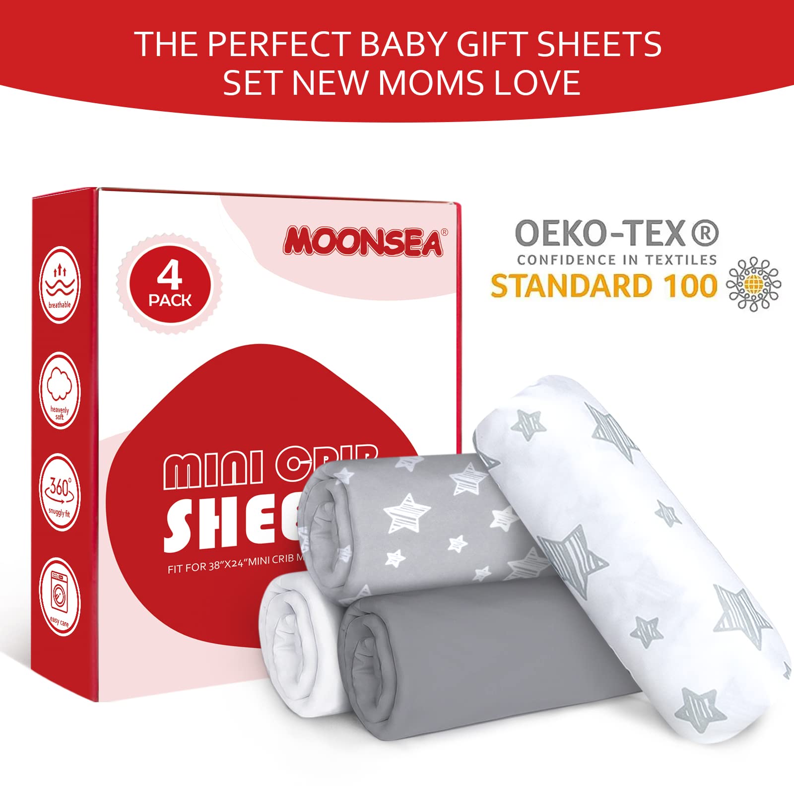 Moonsea mini crib sheets four-pack machine washable for easy care.