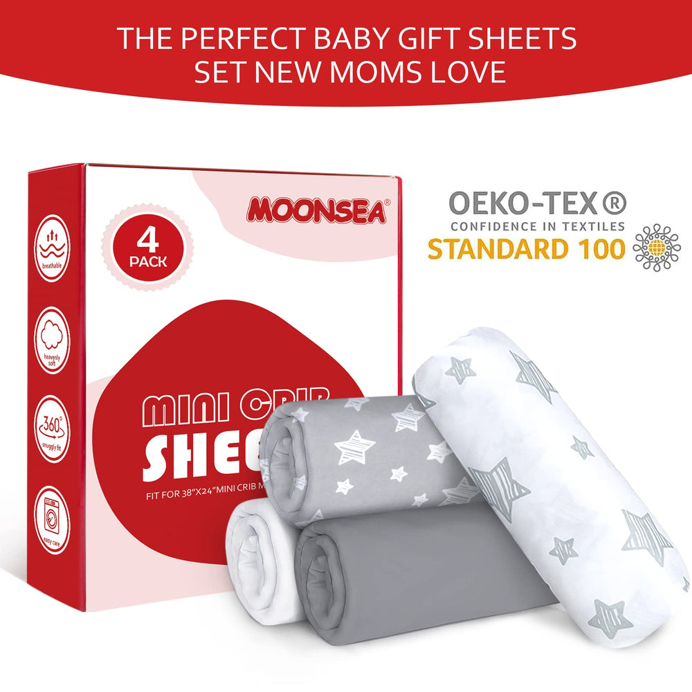 Moonsea mini crib sheets four-pack machine washable for easy care.