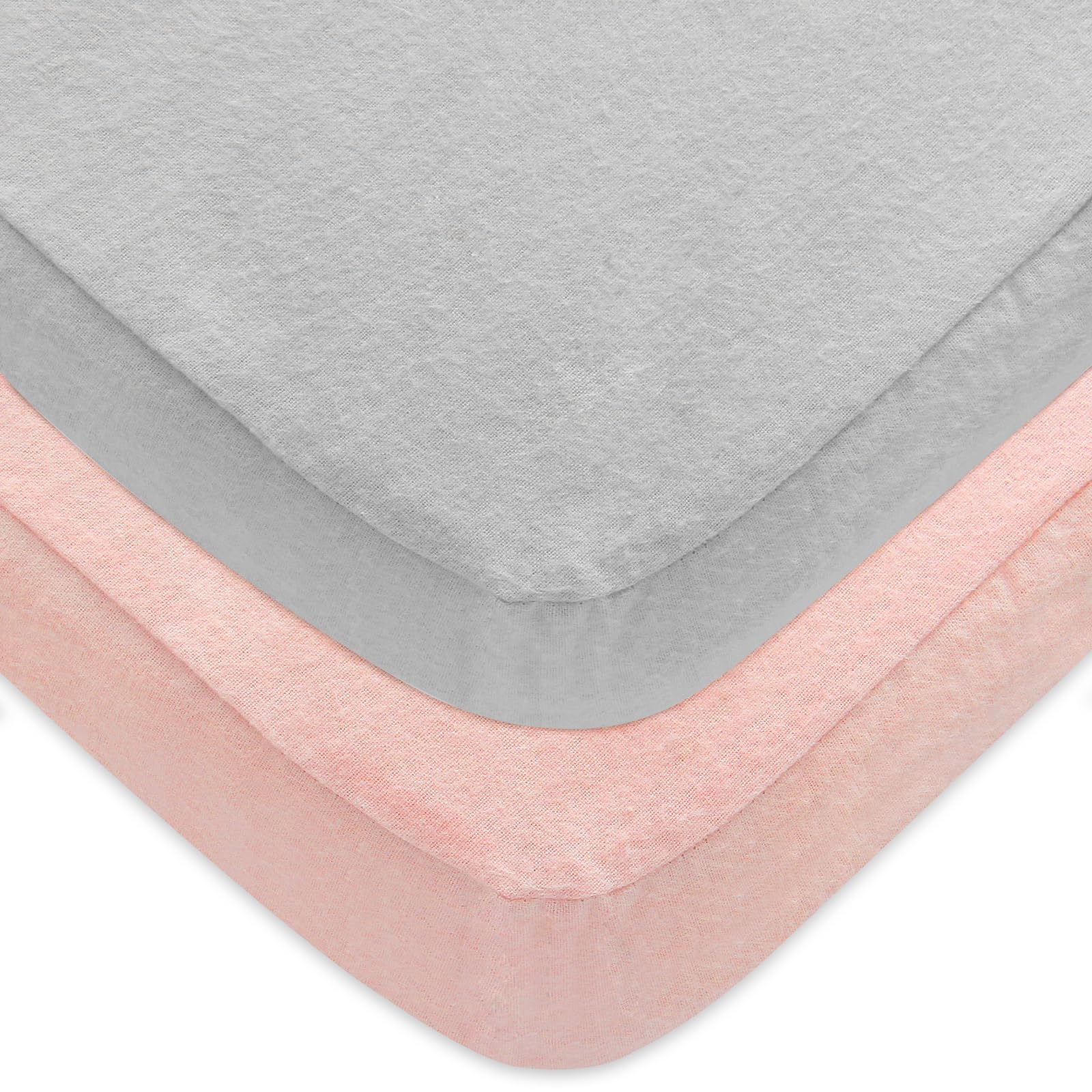 Moonsea 2-pack pack n play sheets with grey-pink colorway on a portable crib.