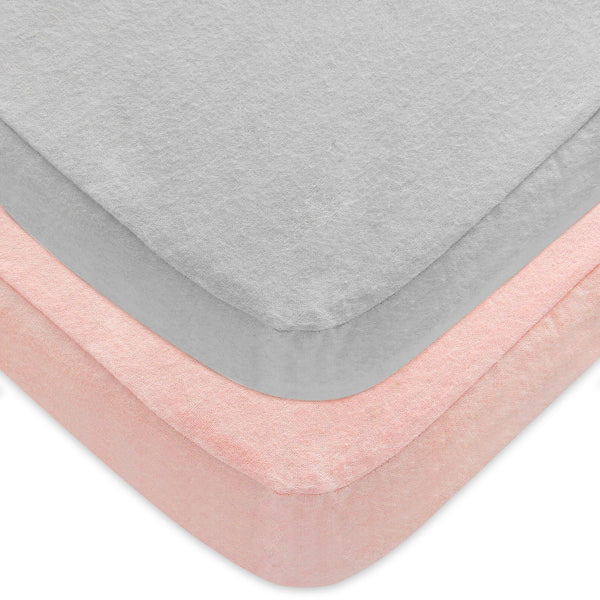 Moonsea 2-pack pack n play sheets with grey-pink colorway on a portable crib.