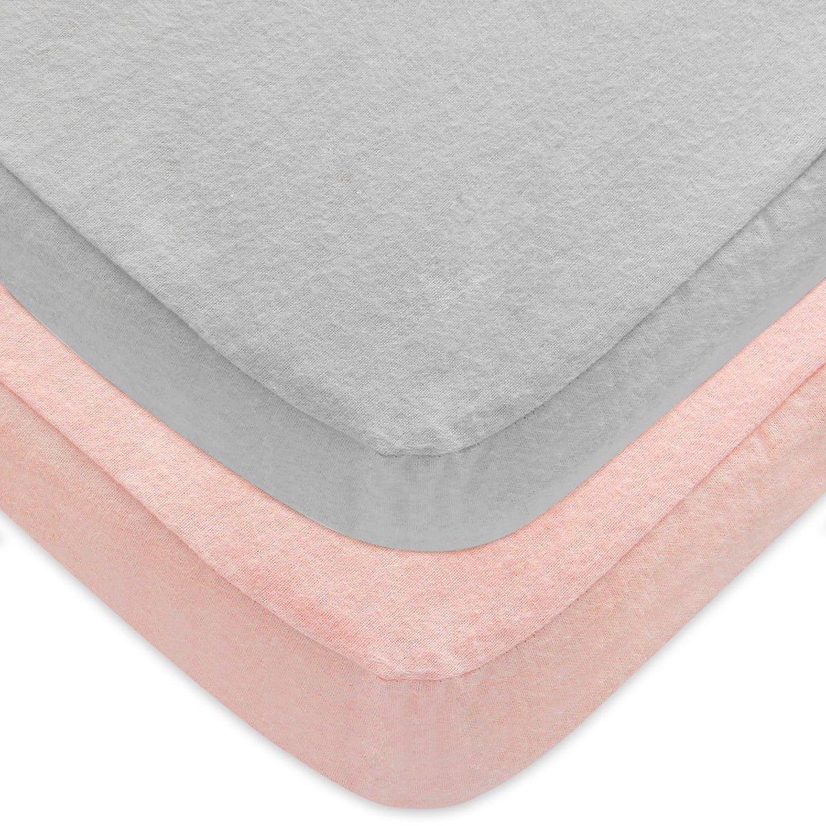 Moonsea 2-pack pack n play sheets with grey-pink colorway on a portable crib.