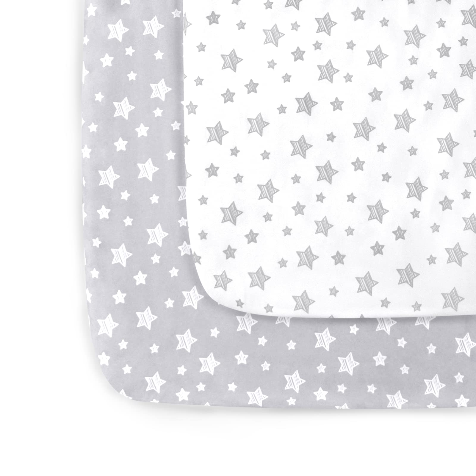Moonsea pack-n-play sheets in gray and white offer soft, breathable comfort.