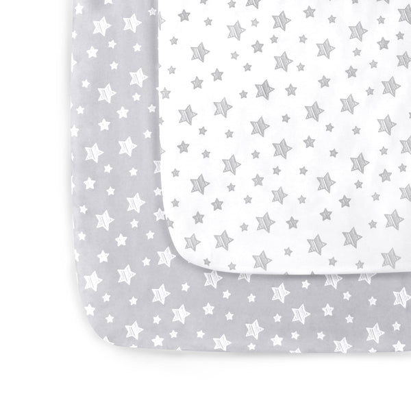 Moonsea pack-n-play sheets in gray and white offer soft, breathable comfort.