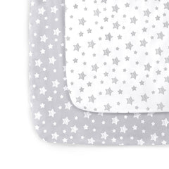 Moonsea pack-n-play sheets in gray and white offer soft, breathable comfort.