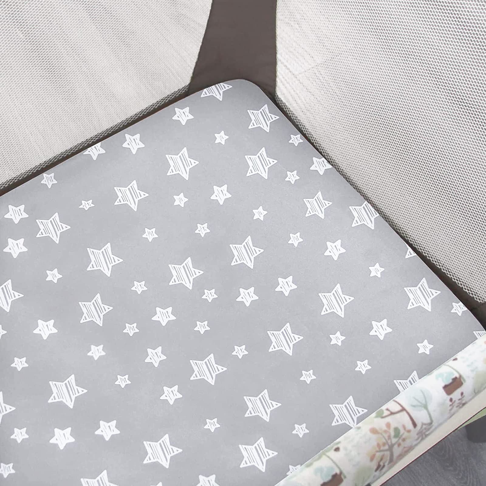 Moonsea pack-n-play sheets with a snug elastic edge for standard playard fit.