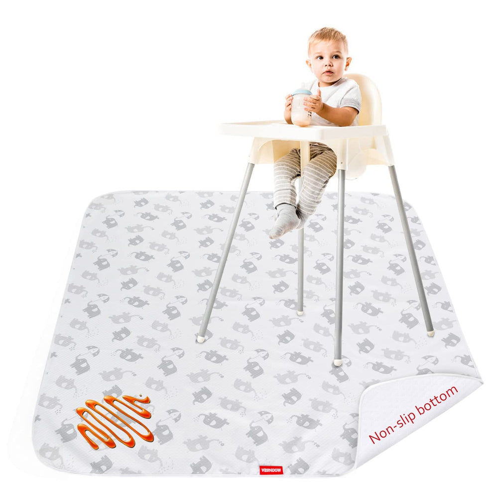 Moonsea Splat Mat under high chair with elephant pattern protects floors during meals.