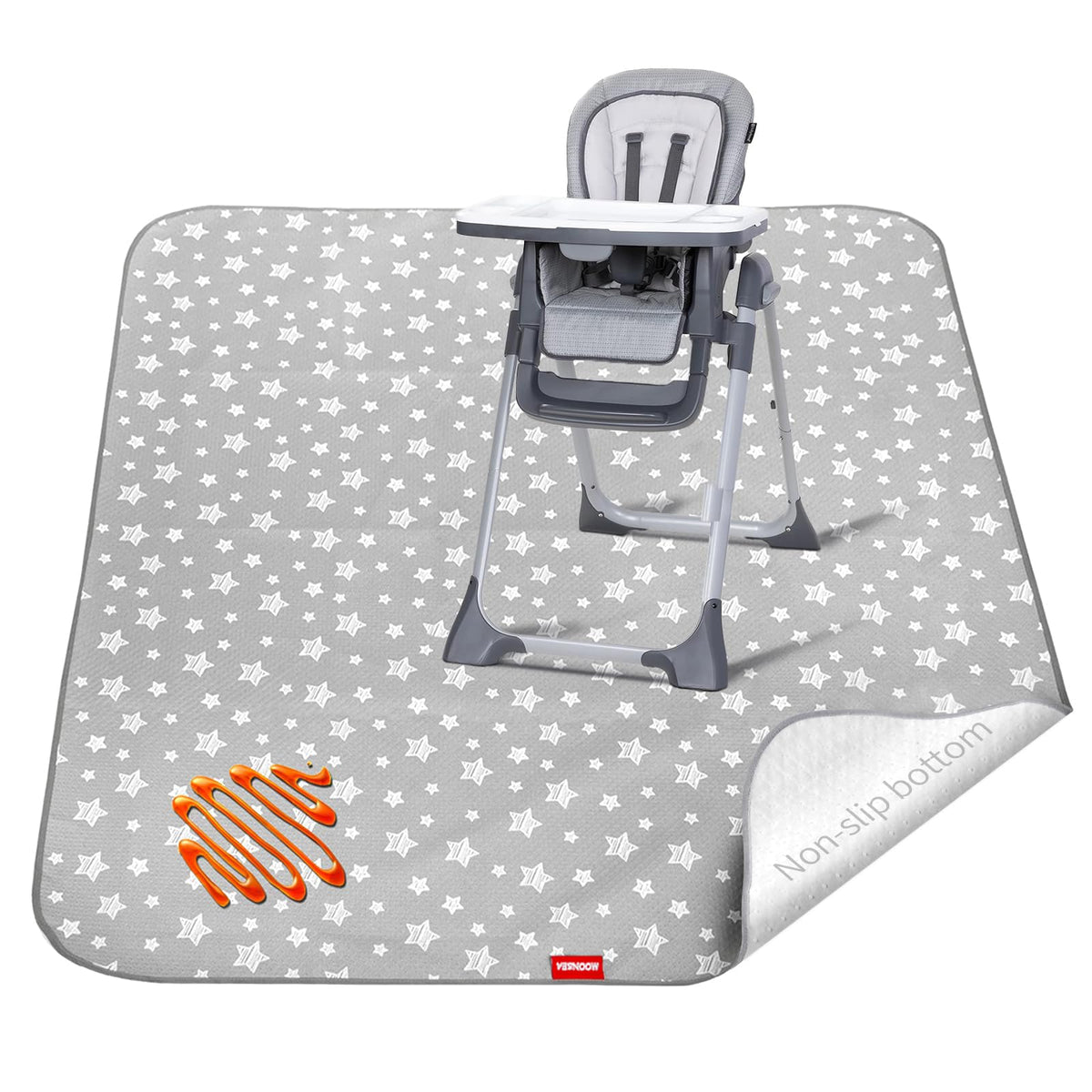 Moonsea Splat Mat under high chair with grey star design protects floors during meals.