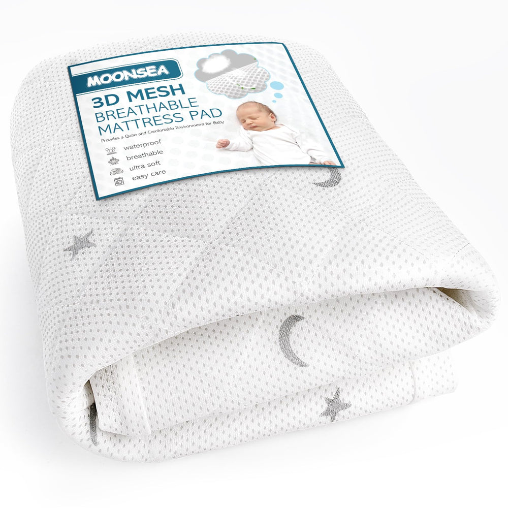 Moonsea travel crib sheet with breathable 3D mesh cover promotes airflow during naps.