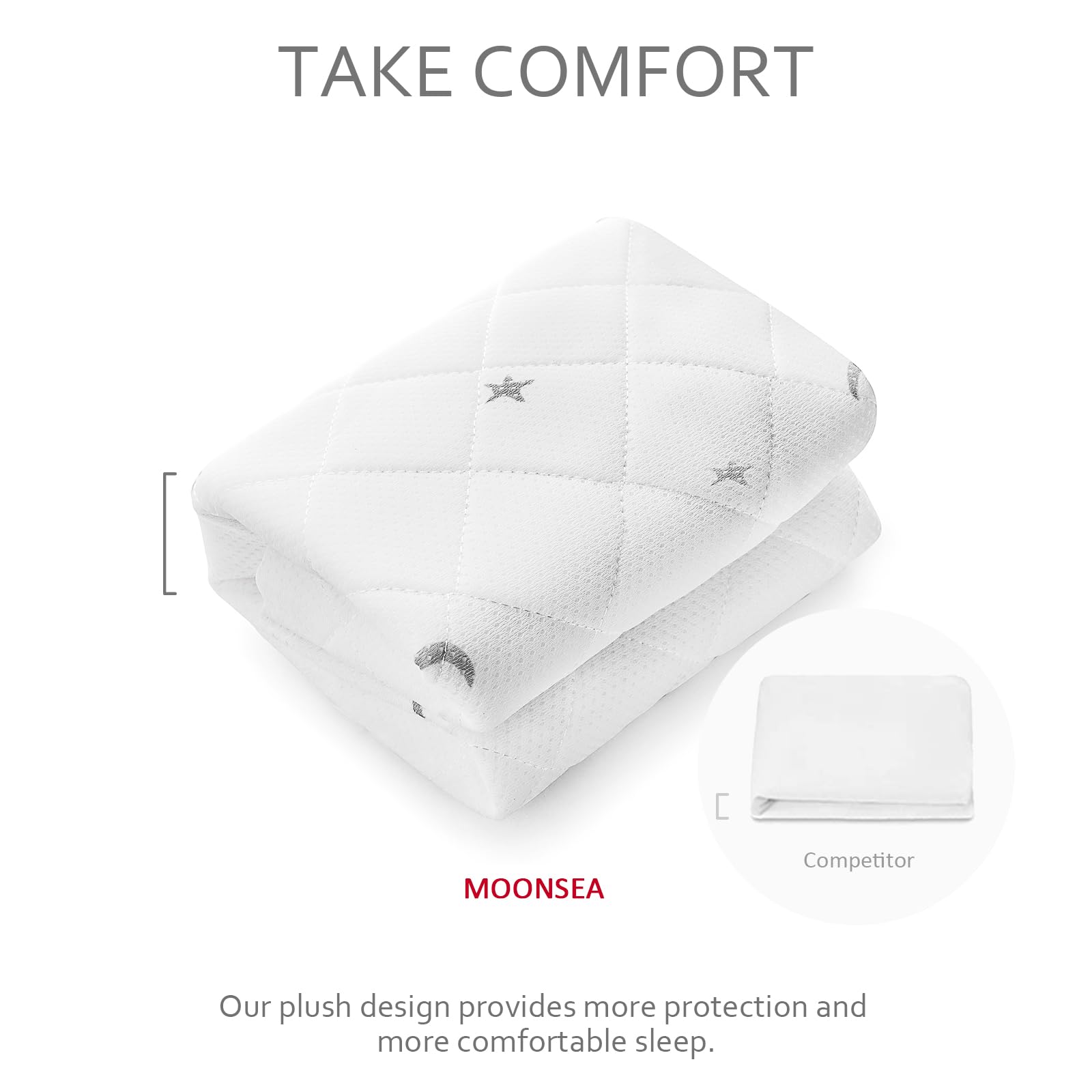 Moonsea travel crib sheet features an elastic skirt for quick, secure fitting.
