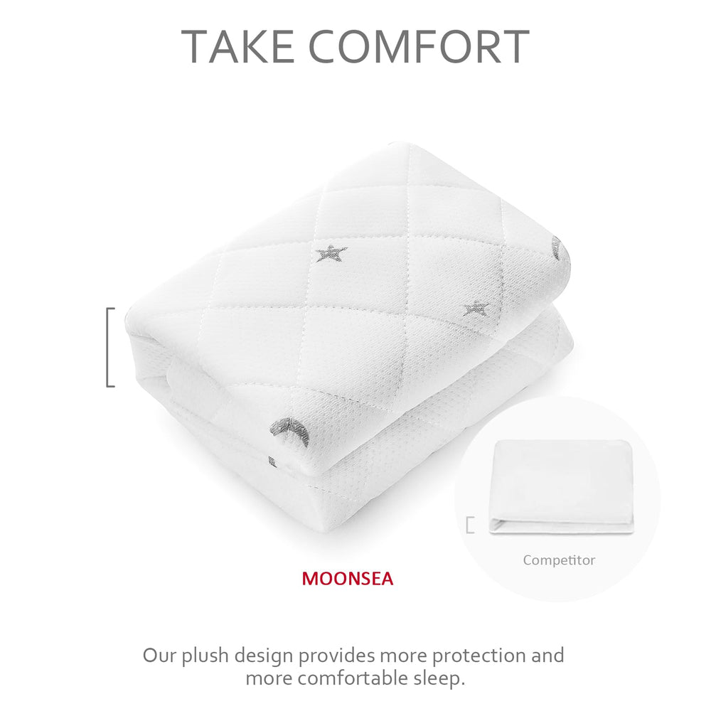 Moonsea travel crib sheet features an elastic skirt for quick, secure fitting.