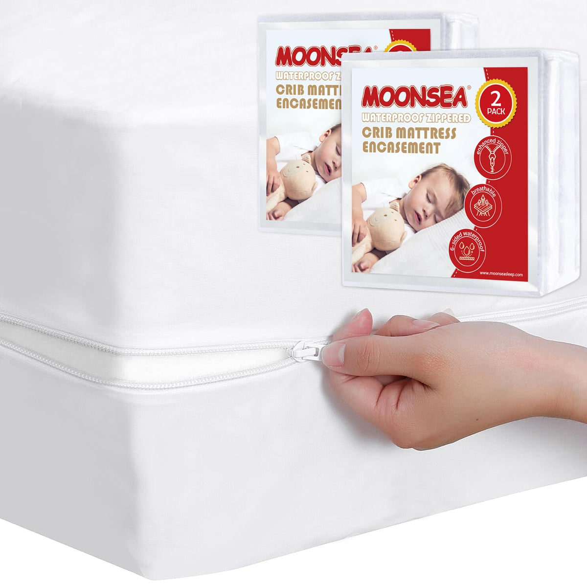 Moonsea waterproof crib mattress encasement with six-sided protection against leaks.