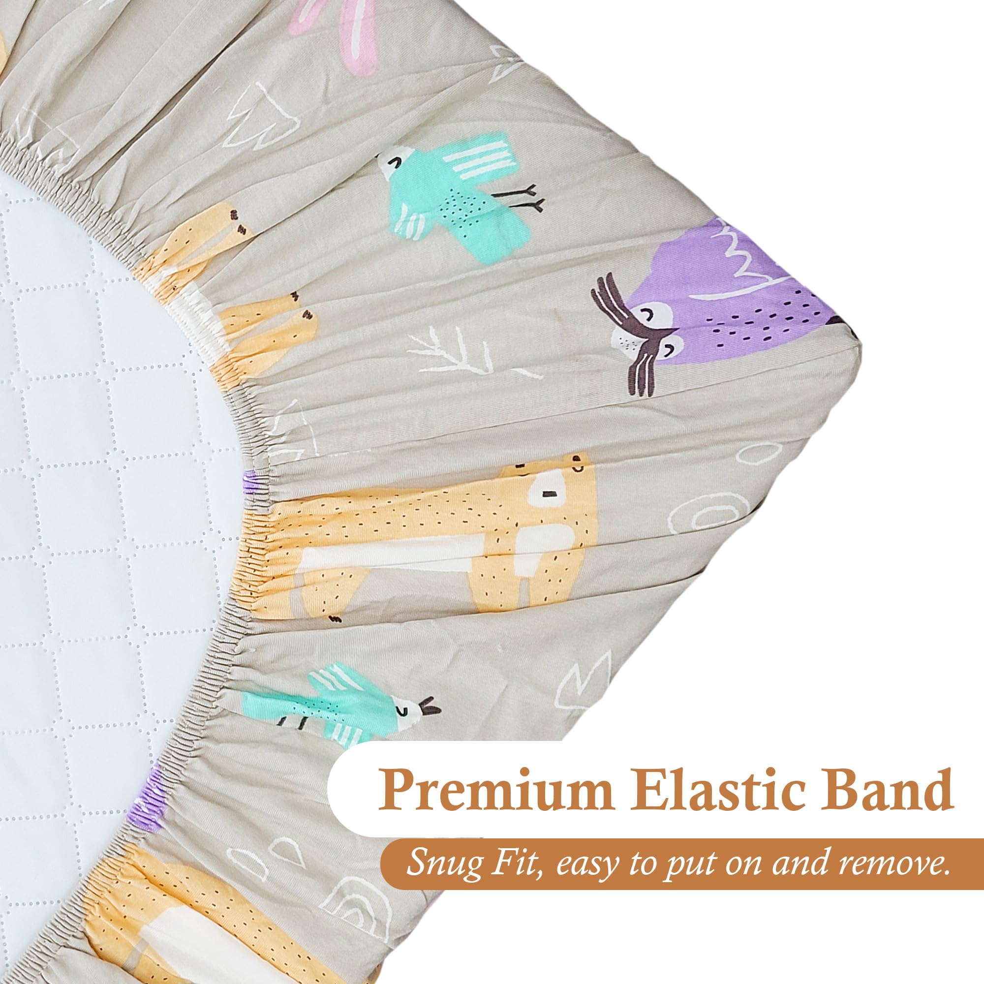 Moonybaby crib sheets with 360-degree elastic edge for snug fit.
