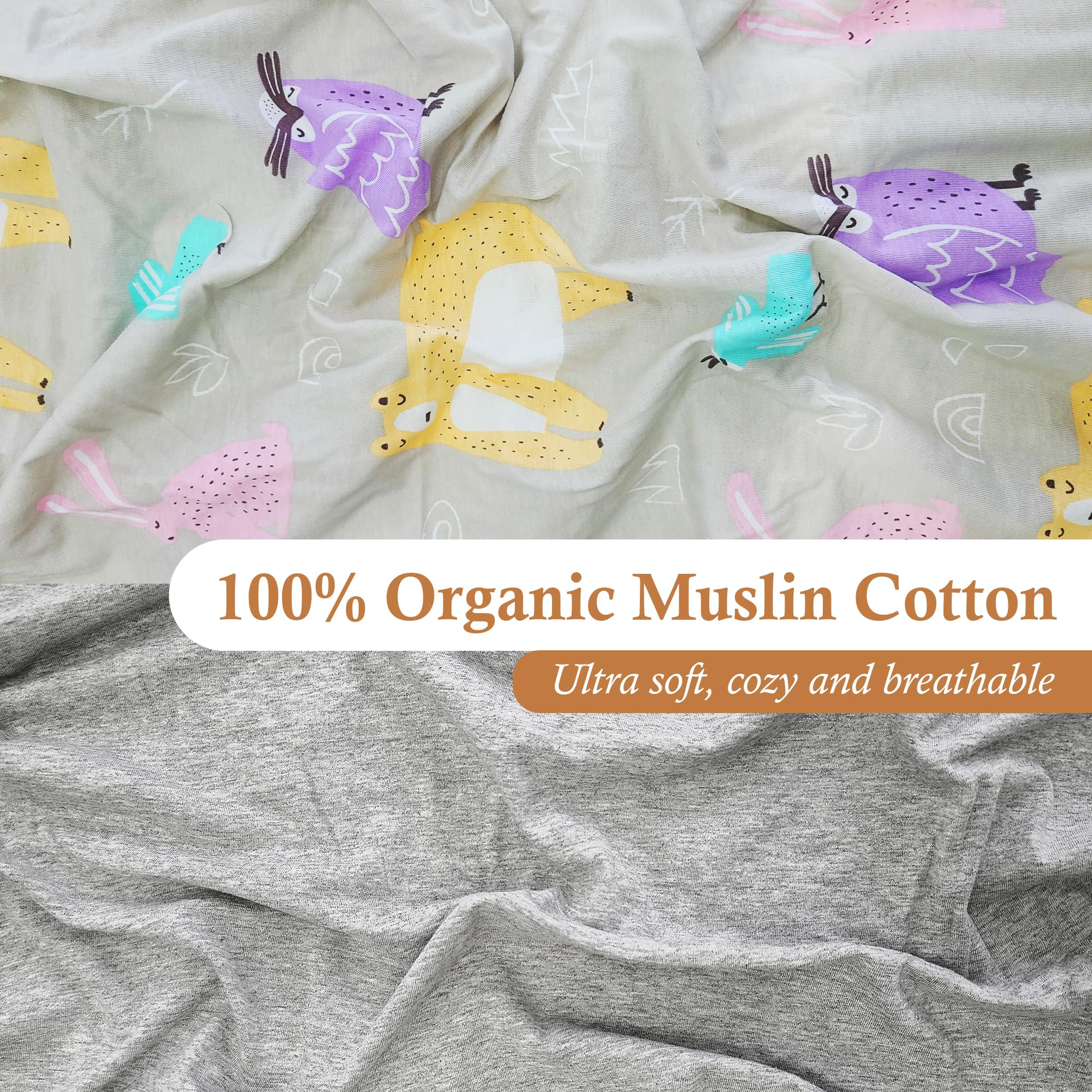 Moonybaby crib sheets showing standard crib 28x52x9 fit with secure elastic.