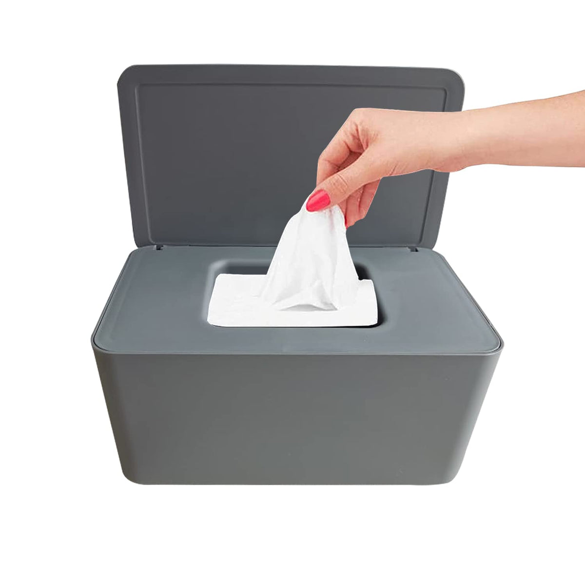 Moorfowl baby wipe dispenser front view with large capacity for busy households.