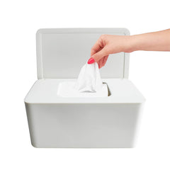 Moorfowl baby wipe dispenser front view showcases minimalist design and practical size.
