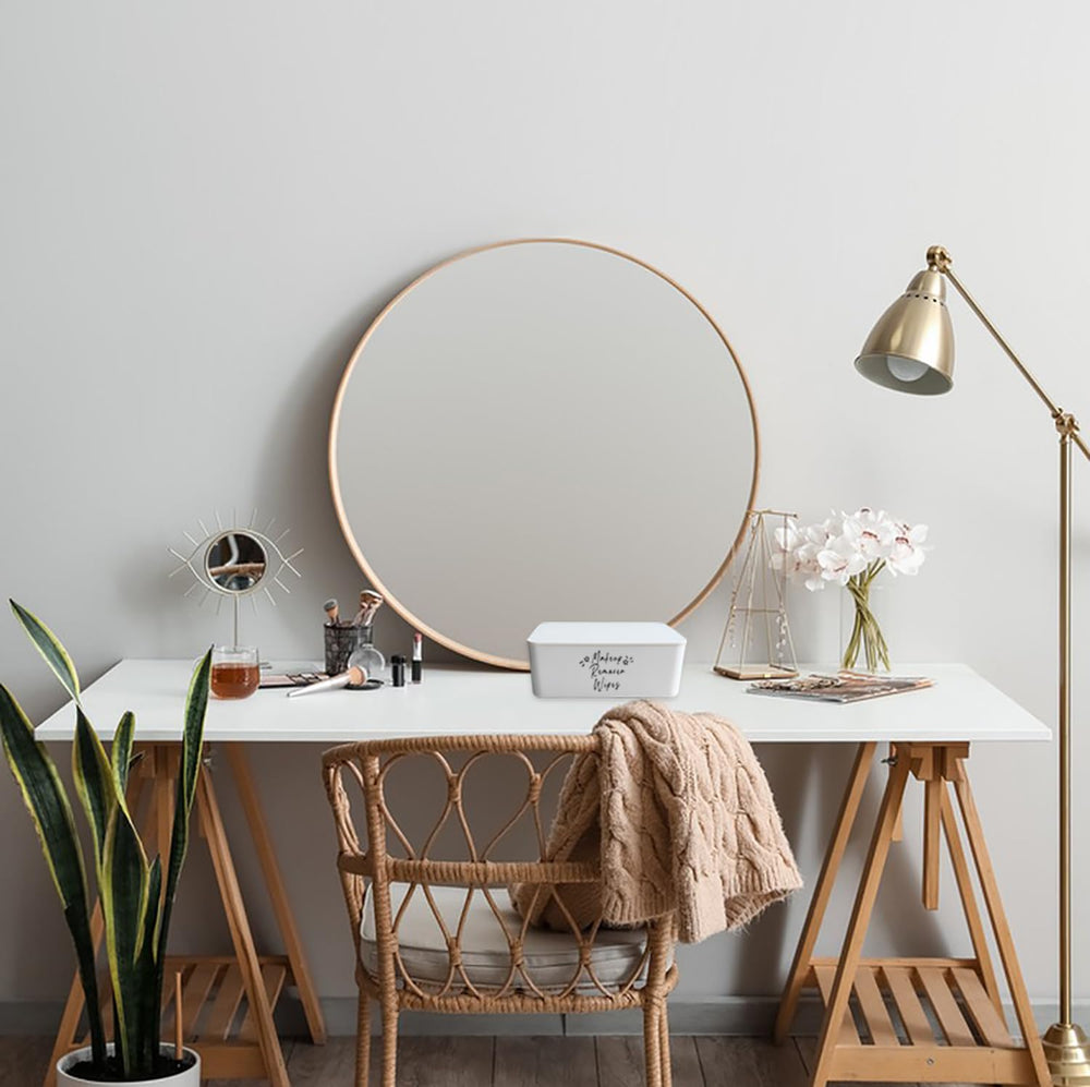 Moorfowl chic design complements bathroom vanity and keeps space tidy.